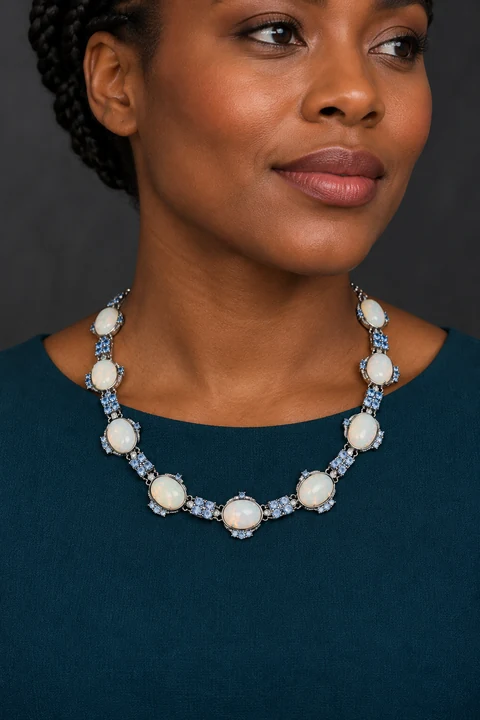 The Philomène Jardin White Necklace worn on a model — AI-generated styling preview