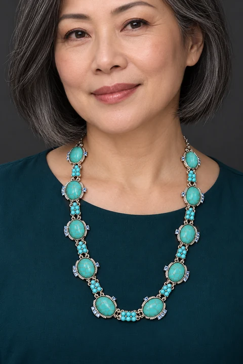 The Philomène Jardin Blue Necklace worn on a model — AI-generated styling preview