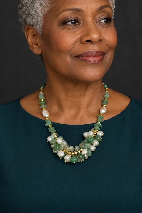 The Adrienne Arabesque Necklace worn on a model — AI-generated styling preview