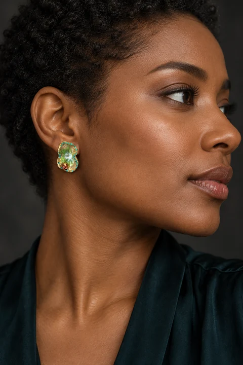 The Estelle Muse Earrings worn on a model — AI-generated styling preview