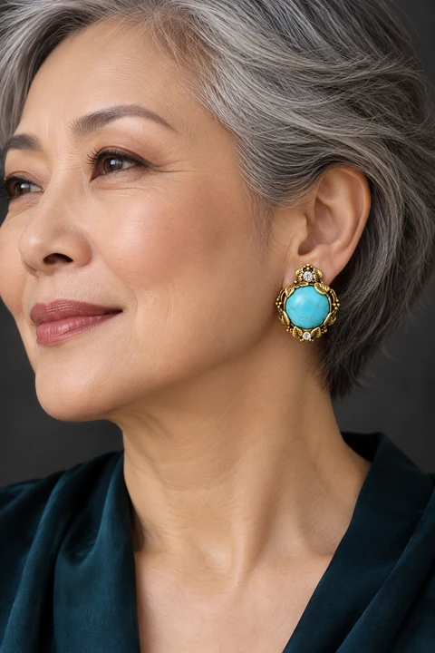 The Gabrielle Waltz Turquoise Blue Earrings worn on a model — AI-generated styling preview