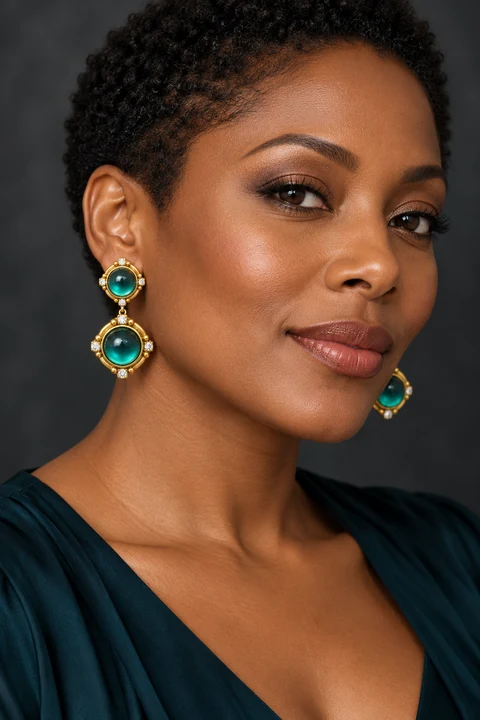 The Gabrielle Waltz Green Earrings worn on a model — AI-generated styling preview