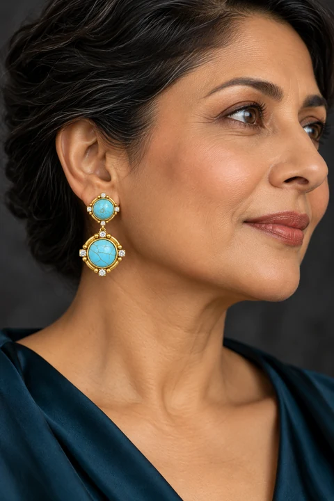 The Gabrielle Waltz Turquoise Blue Earrings worn on a model — AI-generated styling preview
