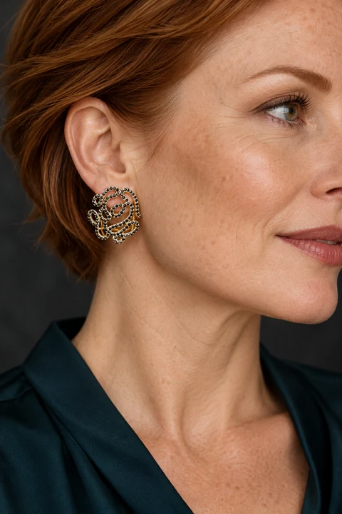 The Sylvie Jardin Black Earrings worn on a model — AI-generated styling preview