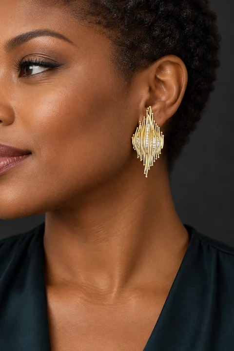 The Isolde Fable Earrings worn on a model — AI-generated styling preview
