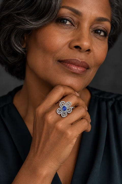 The Margaux Romance Ring worn on a model — AI-generated styling preview