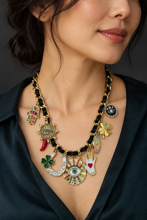 The Lucienne Serenade Necklace worn on a model — AI-generated styling preview