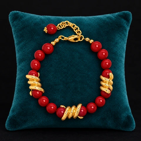 The Eugénie Arabesque Red Bracelet on a jewelry display — AI-generated styling preview
