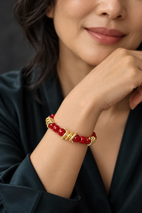 The Eugénie Arabesque Red Bracelet worn on a model — AI-generated styling preview