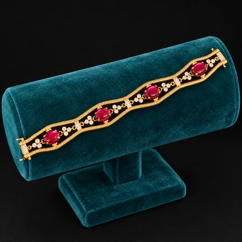 The Virginie Poème Red Bracelet on a jewelry display — AI-generated styling preview