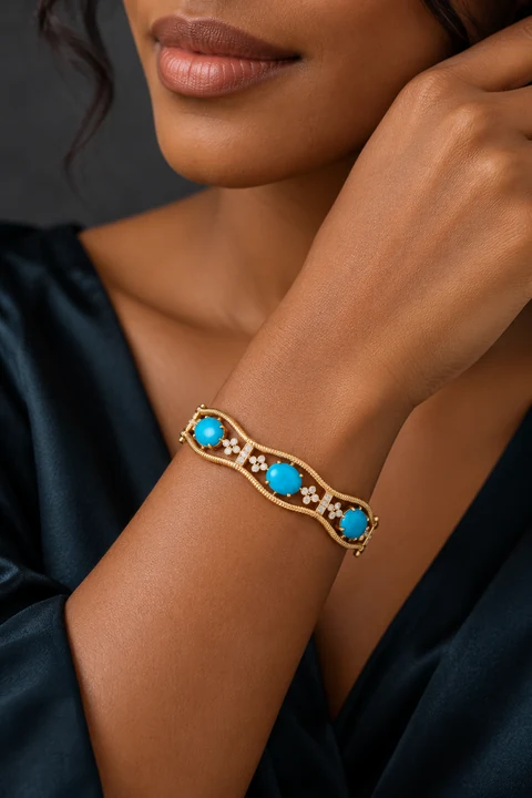 The Virginie Poème Blue Bracelet worn on a model — AI-generated styling preview