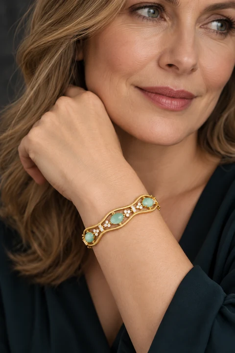 The Virginie Poème Green Bracelet worn on a model — AI-generated styling preview