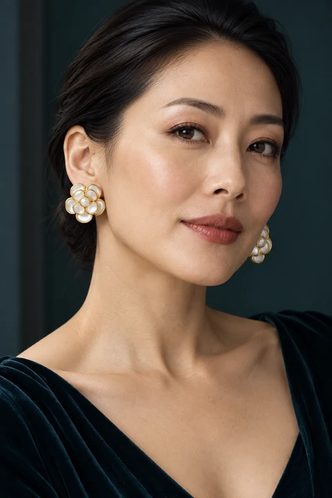 The Camélia Earrings worn on a model — AI-generated styling preview