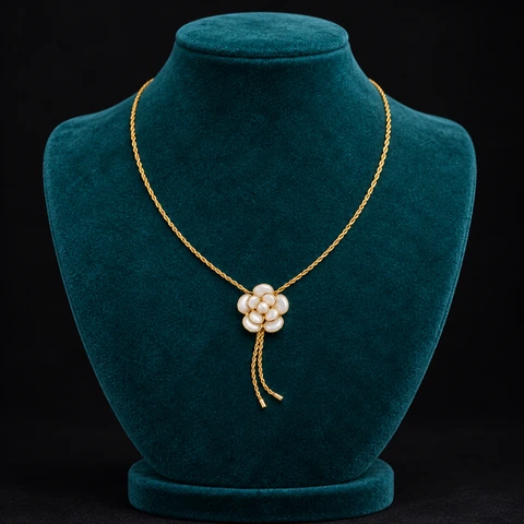 The Camélia Necklace on a jewelry display — AI-generated styling preview