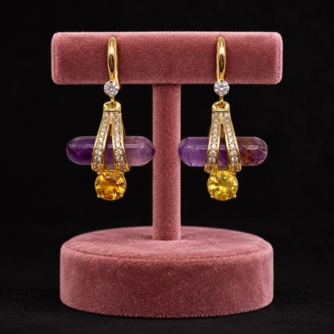 The Alma Serenade Violet Earrings on a jewelry display — AI-generated styling preview