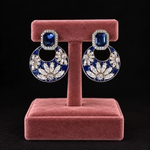 The Éveline Poème Blue Earrings on a jewelry display — AI-generated styling preview