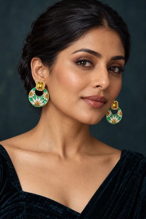 The Éveline Poème Green Earrings worn on a model — AI-generated styling preview