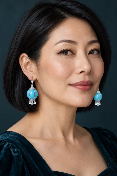 The Amandine Waltz Blue Earrings worn on a model — AI-generated styling preview