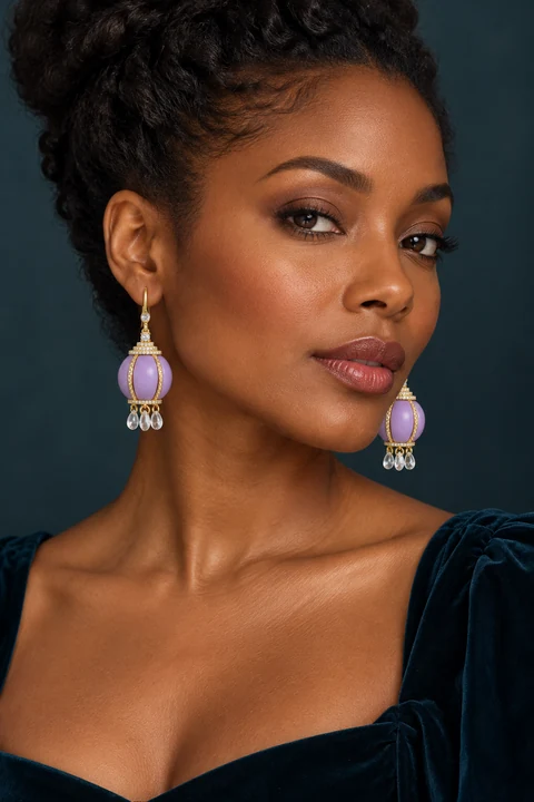 The Amandine Waltz Violet Earrings worn on a model — AI-generated styling preview