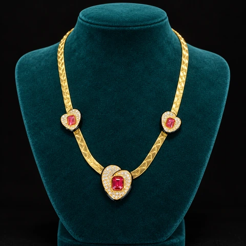 The Pénélope Sonnet Pink Necklace on a jewelry display — AI-generated styling preview
