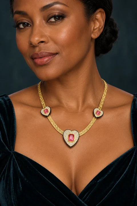 The Pénélope Sonnet Pink Necklace worn on a model — AI-generated styling preview
