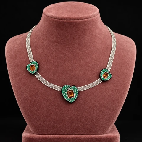 The Pénélope Sonnet Green Necklace on a jewelry display — AI-generated styling preview