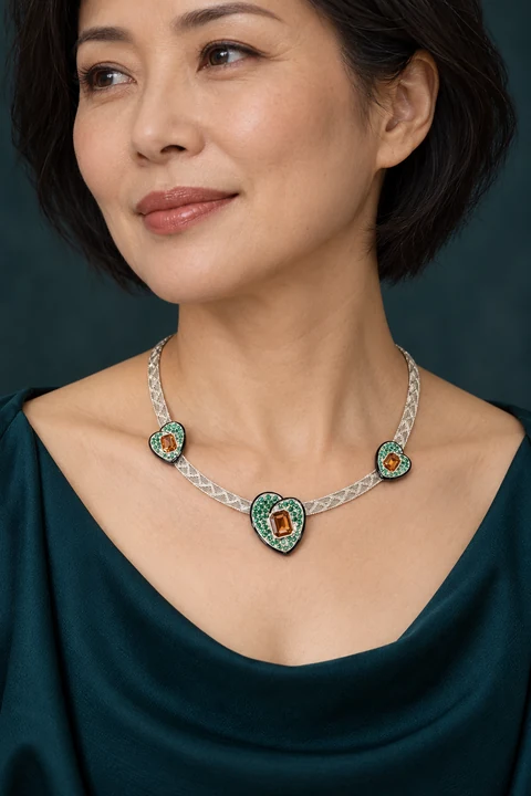 The Pénélope Sonnet Green Necklace worn on a model — AI-generated styling preview