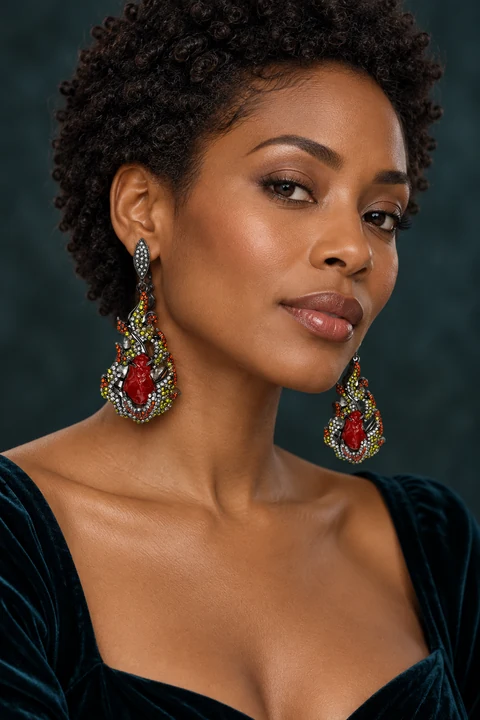 The Isolde Earrings worn on a model — AI-generated styling preview