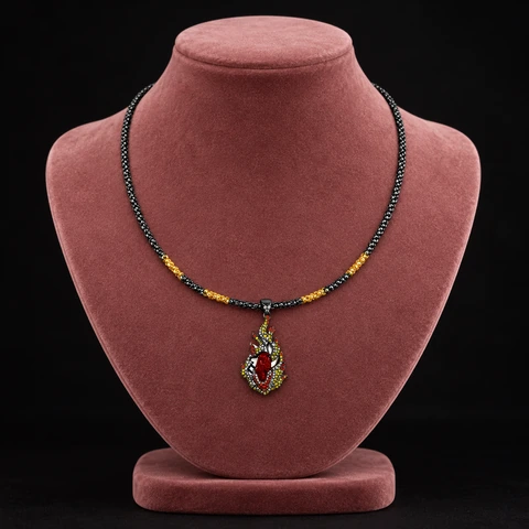 The Isolde Necklace on a jewelry display — AI-generated styling preview