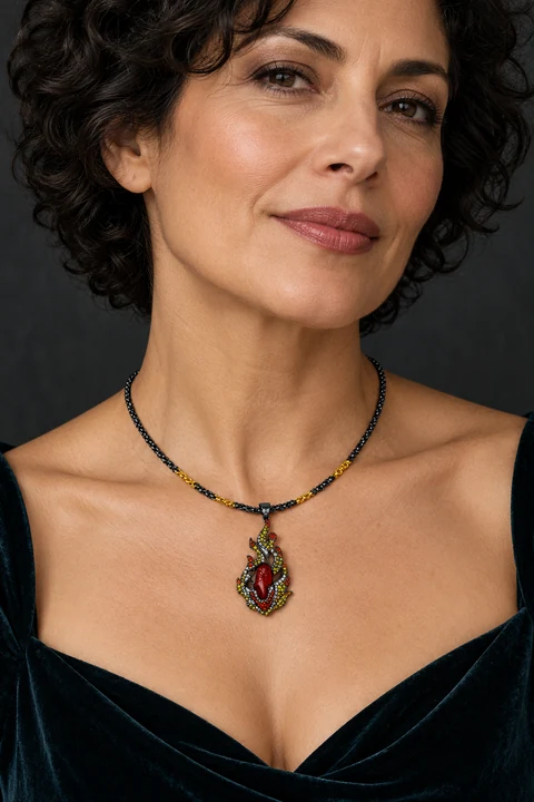 The Isolde Necklace worn on a model — AI-generated styling preview