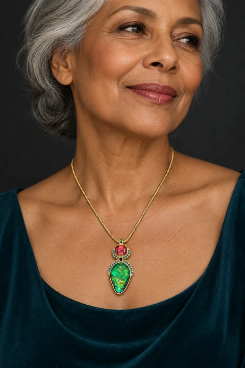 The Salomé Nocturne Necklace worn on a model — AI-generated styling preview