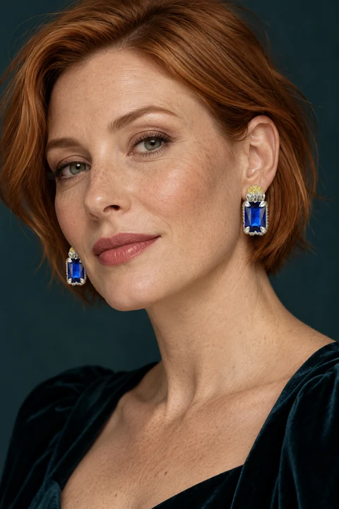 The Romy Arabesque Blue Earrings worn on a model — AI-generated styling preview