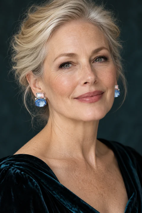 The Blanche Fable Blue Earrings worn on a model — AI-generated styling preview