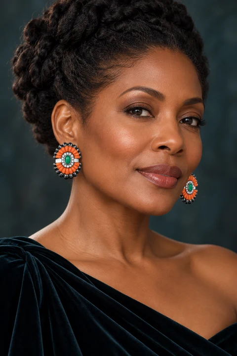 The Agnès Muse Earrings worn on a model — AI-generated styling preview