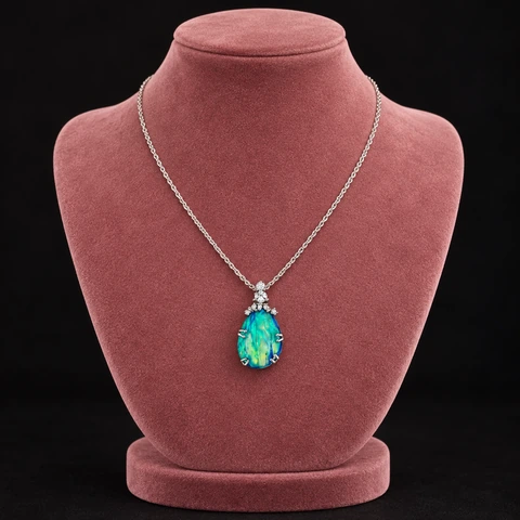The Clarisse Arabesque Necklace on a jewelry display — AI-generated styling preview