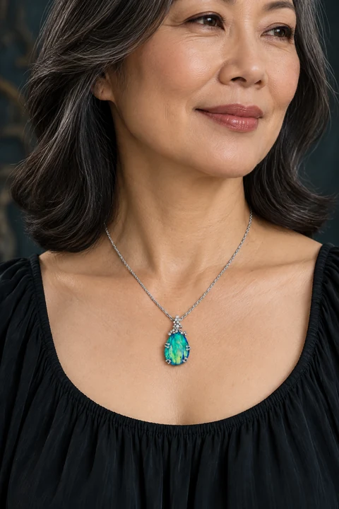 The Clarisse Arabesque Necklace worn on a model — AI-generated styling preview