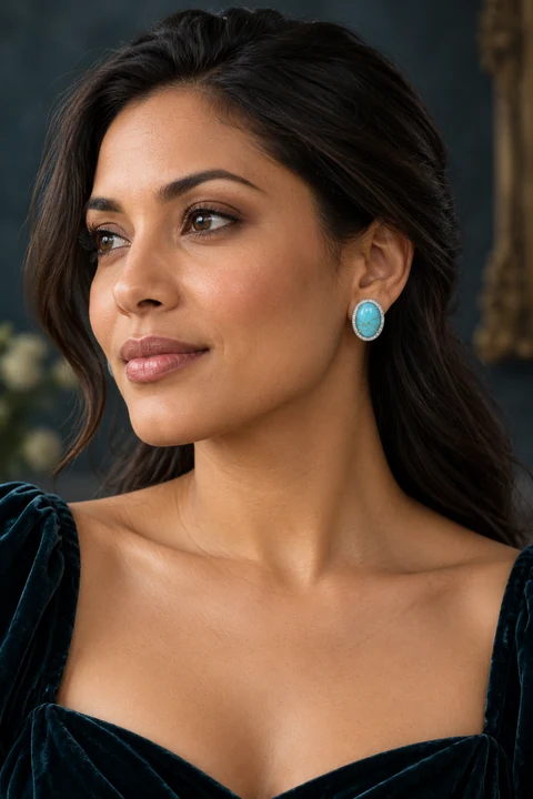 The Flora Serenade Turquoise Blue Earrings worn on a model — AI-generated styling preview