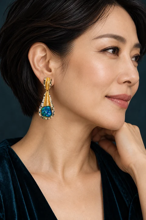 The Yvette Sonnet Earrings worn on a model — AI-generated styling preview
