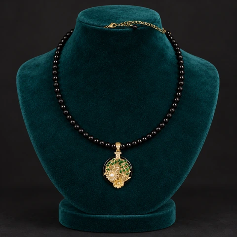 The Marie Waltz Necklace on a jewelry display — AI-generated styling preview