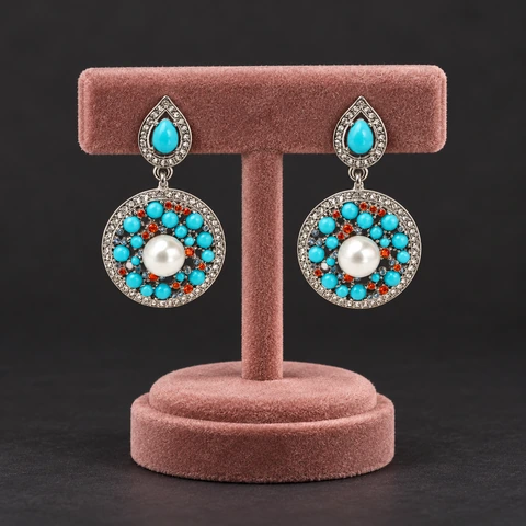 The Sylvie Éclat Turquoise Blue Earrings on a jewelry display — AI-generated styling preview
