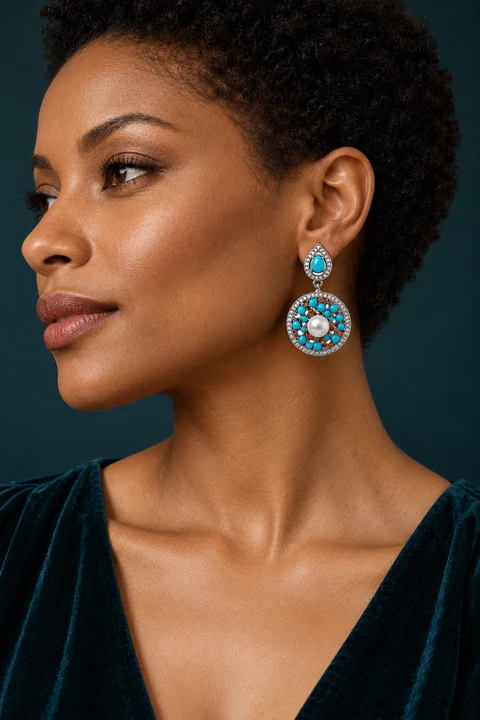 The Sylvie Éclat Turquoise Blue Earrings worn on a model — AI-generated styling preview