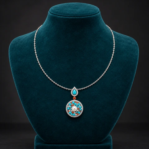 The Sylvie Éclat White Necklace on a jewelry display — AI-generated styling preview