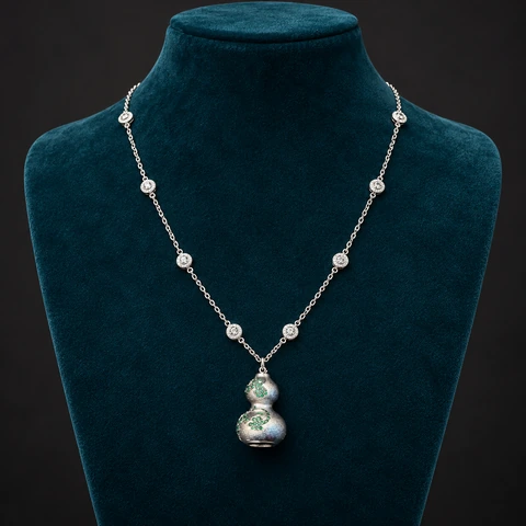 The Iris Fable Necklace on a jewelry display — AI-generated styling preview