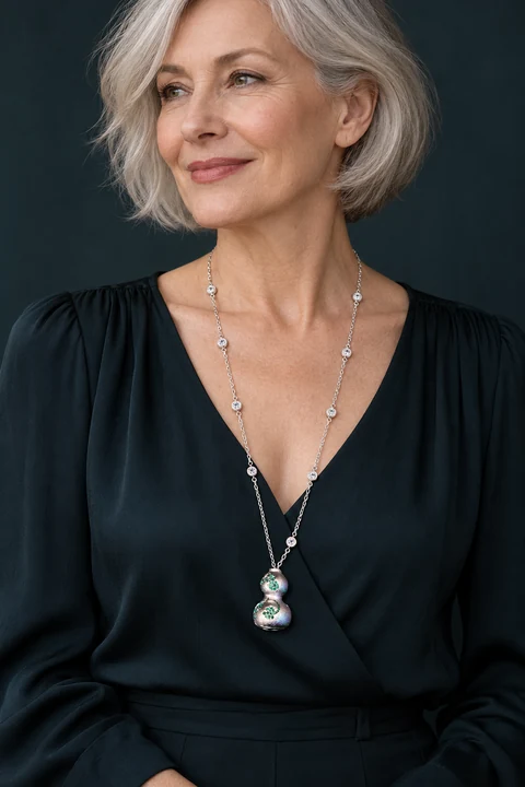 The Iris Fable Necklace worn on a model — AI-generated styling preview