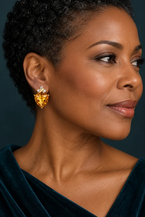 The Rosaline Rhapsody Earrings worn on a model — AI-generated styling preview