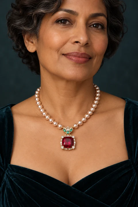 The Félicie Sonnet Necklace worn on a model — AI-generated styling preview
