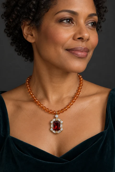 The Claudine Muse Necklace worn on a model — AI-generated styling preview