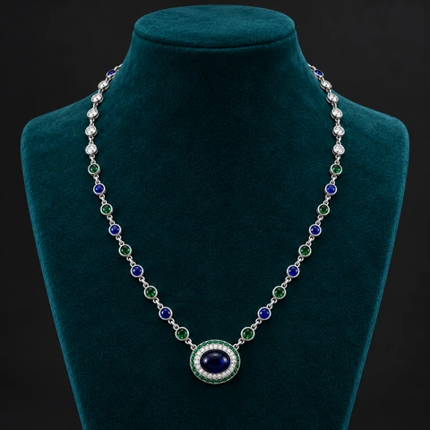 The Ambre Reverie Blue Necklace on a jewelry display — AI-generated styling preview
