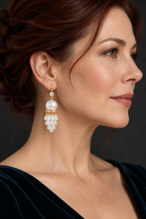 The Virginie Sonata Earrings worn on a model — AI-generated styling preview