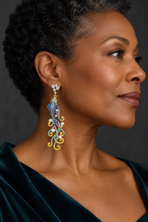 The Isolde Rhapsody Earrings worn on a model — AI-generated styling preview